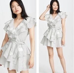 Innika Choo Striped Ruffle Mini Dress OS Linen Floral Embroidery Sailor Wrap